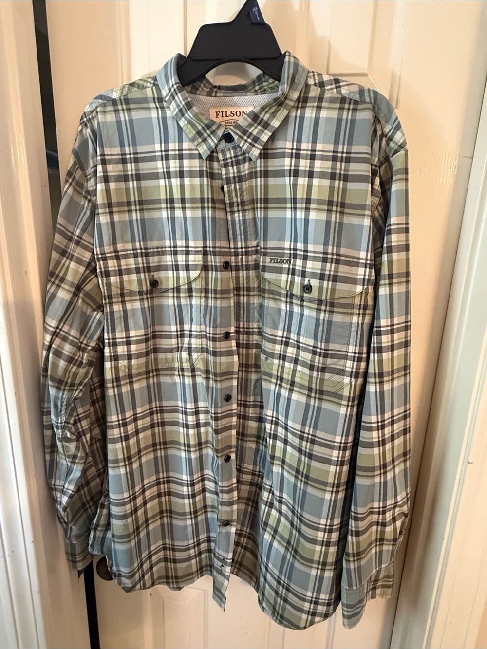 Filson Men's Plaid Button-Down Shirt in Light Blue and Olive Green